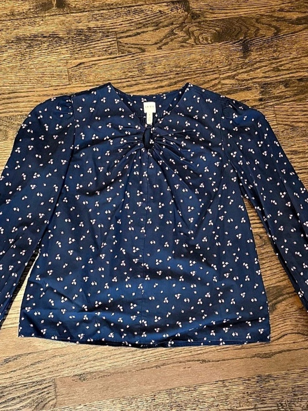 La Vie Rebecca Taylor Toile Fleur Keyhole Twist Blouse Blue & Pink Small